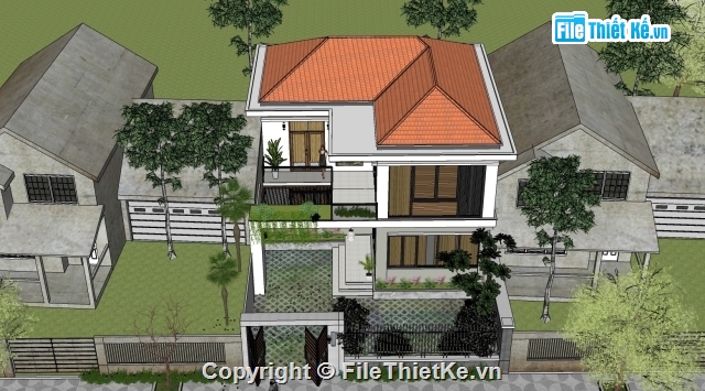 biệt thự 2 tầng,biệt thự Kt 10 x 10m,Mẫu Sketchup biệt thự 2 tầng